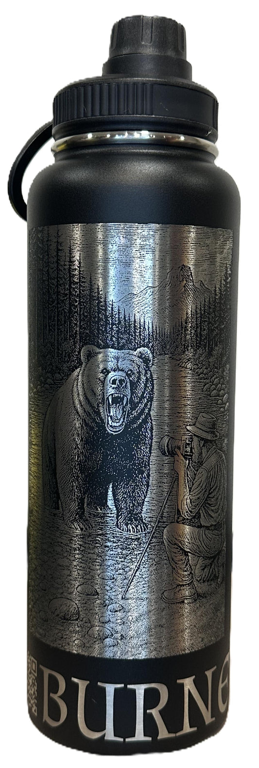 "Zackboni and the Bear" 40oz Stainless Steel Black Bottle Standard Powder-Coated Finish